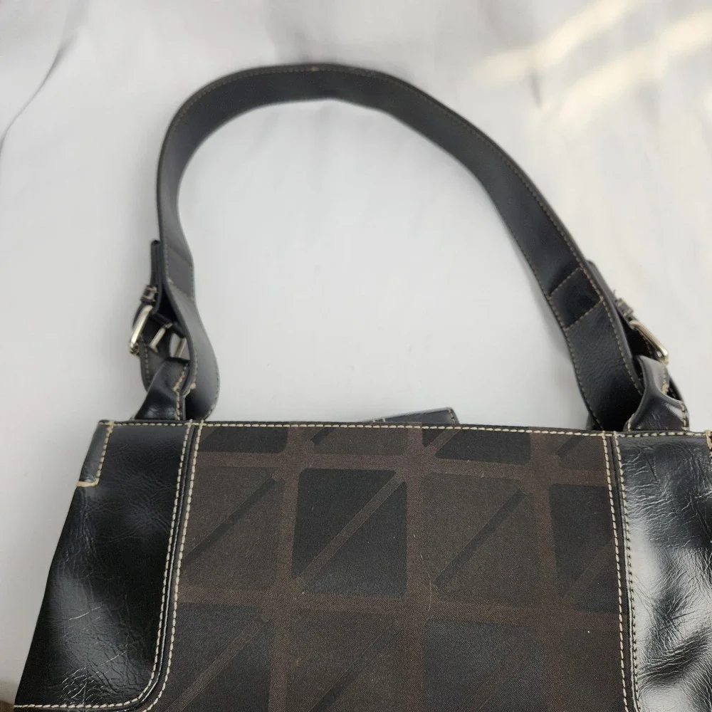 NINE & CO Black & Dark Brown Shoulderbag Print Cotton Faux Leather‎ tote buckle
